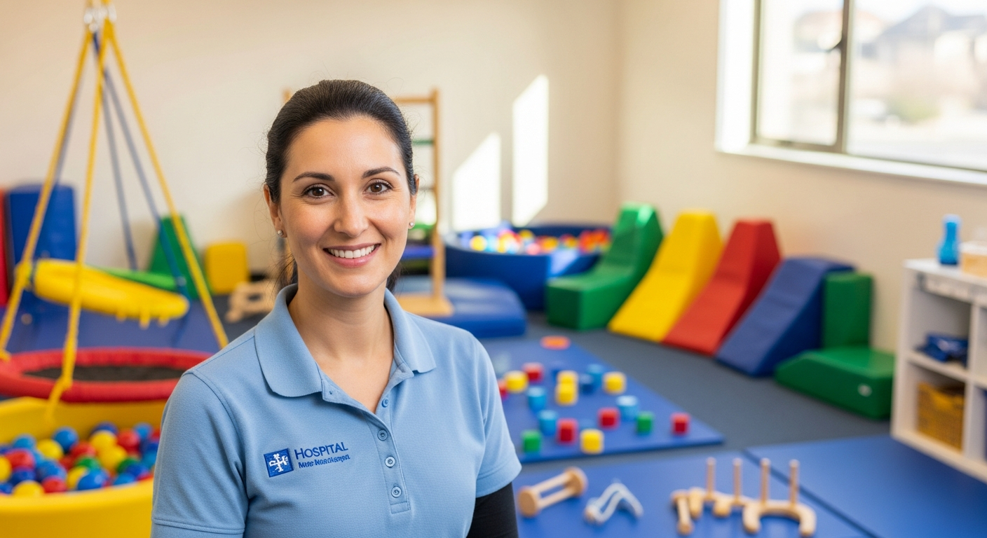 AI_IMAGE: Professional portrait of a female occupational therapist in a bright pediatric therapy room, wearing a clinical polo, warm smile, therapy tools and colorful sensory equipment softly blurred in background, clean and caring atmosphere | photorealistic | 1:1