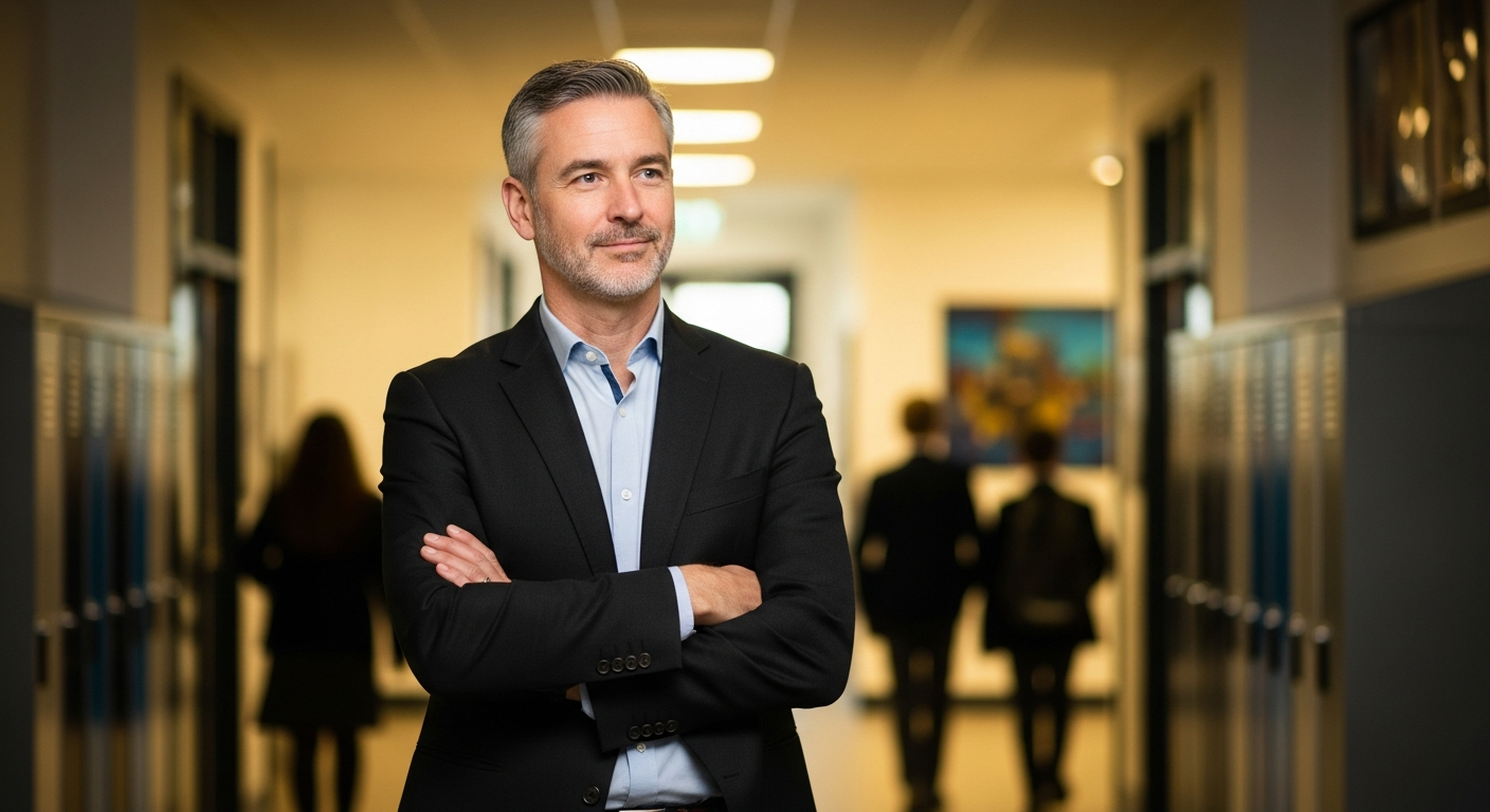 AI_IMAGE: Professional portrait of a middle-aged male school director standing in a modern school corridor with warm ambient lighting, wearing smart casual attire, confident and thoughtful expression, soft bokeh background of educational environment | photorealistic | 1:1