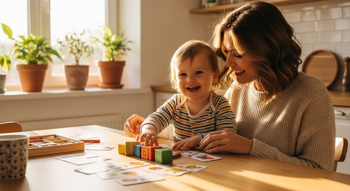 AI_IMAGE: Warm lifestyle portrait of a young mother sitting with her child at a sunlit kitchen table doing a playful visual exercise together, both smiling, cozy home atmosphere with plants and natural wood tones, golden hour light | photorealistic | 1:1