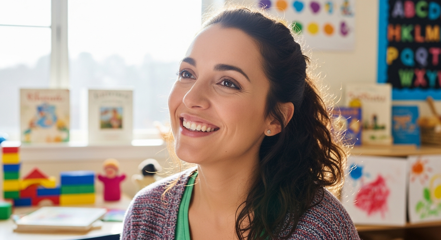 AI_IMAGE: Warm candid portrait of a young female early-childhood educator smiling in a bright classroom filled with colorful learning materials, natural window light, shallow depth of field, approachable and empathetic expression | photorealistic | 1:1