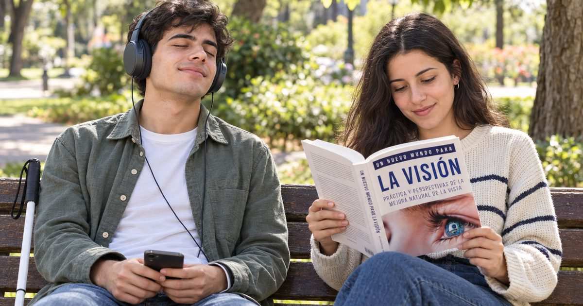 Lectura compartida de la antología «Un nuevo mundo para la visión»: un joven con bastón blanco escucha el audiolibro con auriculares mientras una joven lee la edición en papel.